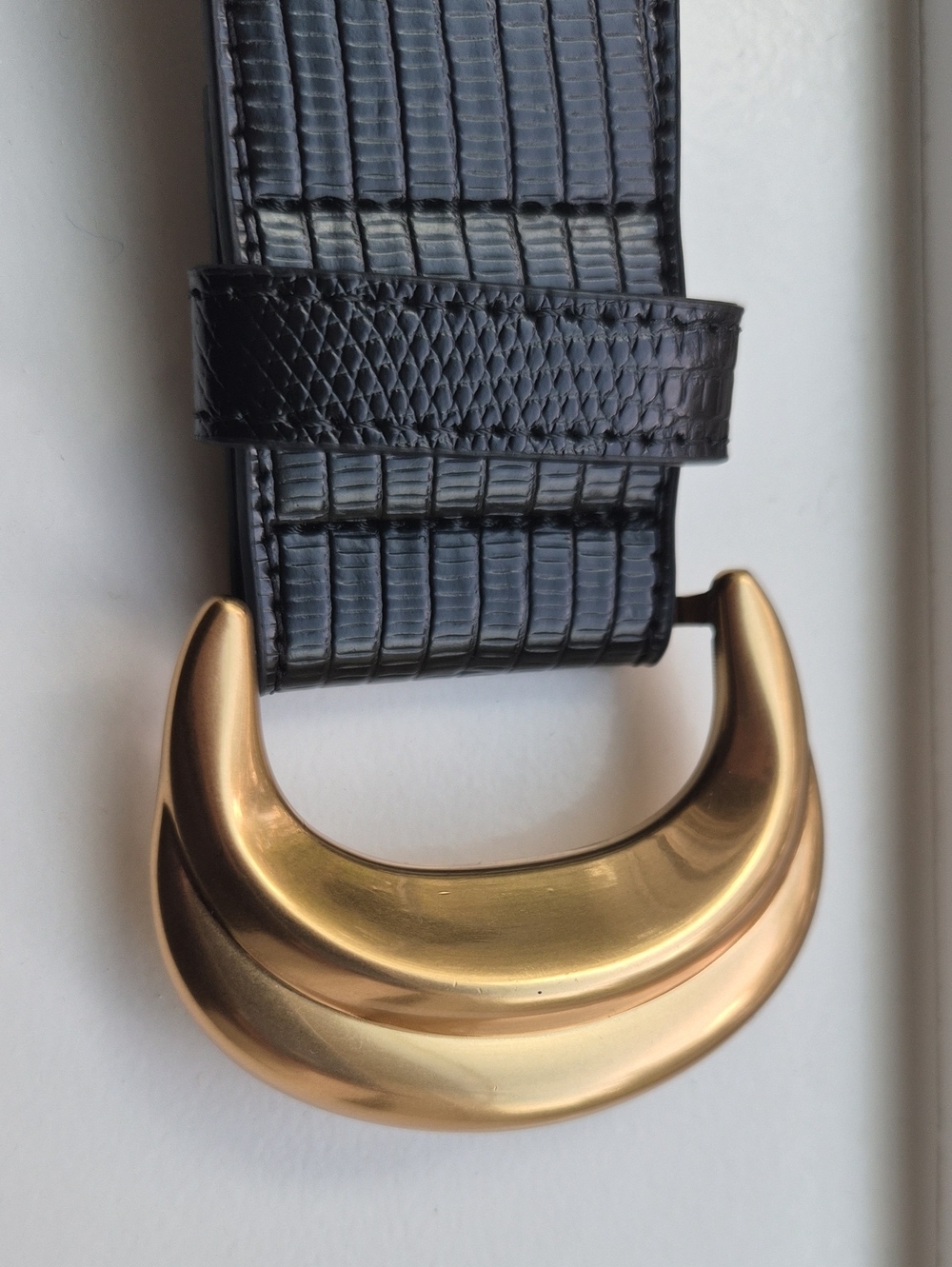 Black Textured Leather Belt with Sculpted Gold Crescent Buckle